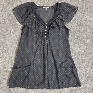 Daniel Rainn Blouse Womens Small Black Sheer Polka Dot Flutter Sleeve Button Top